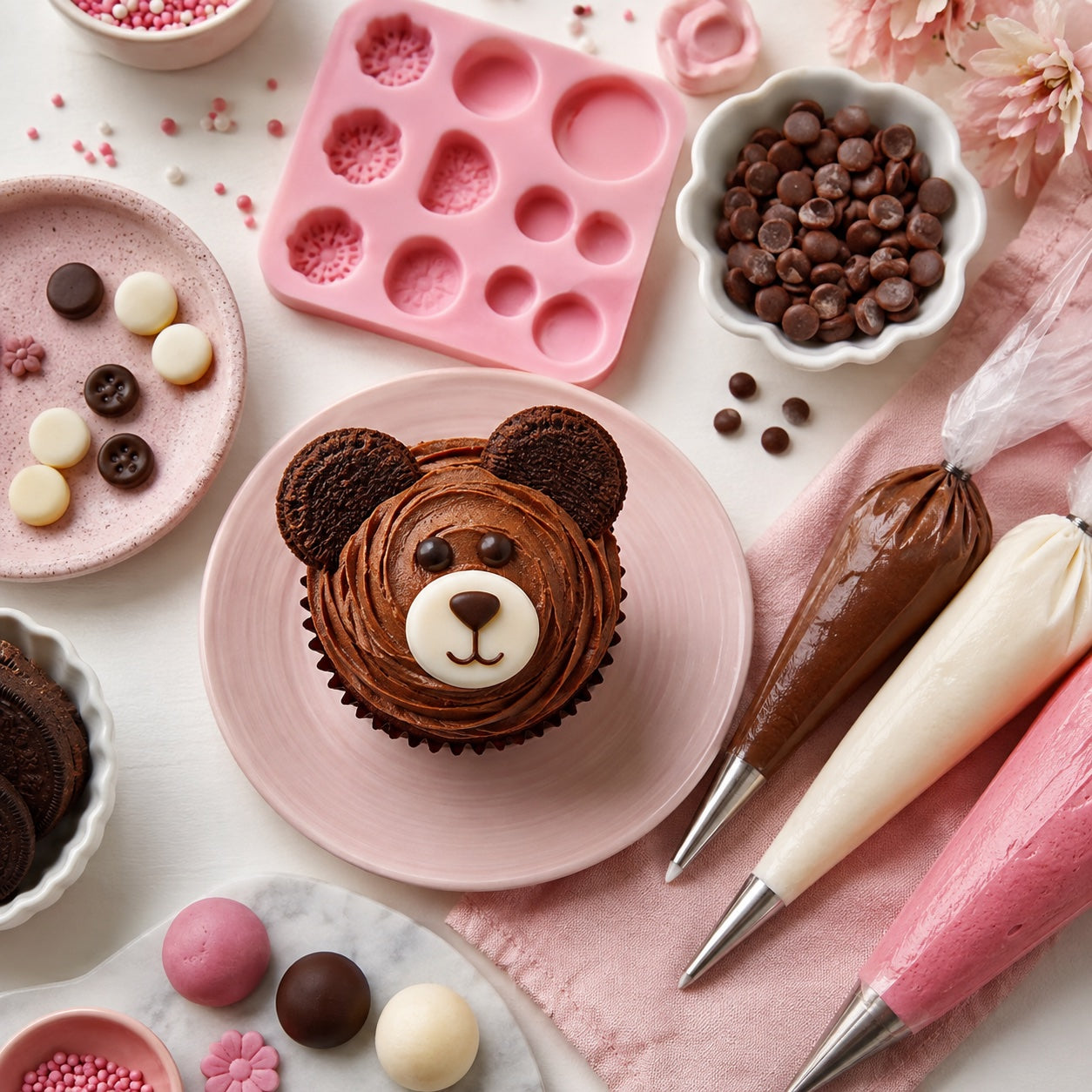 Piping bags, frosting, molds and tiny decorating details arranged around a cute bear cupcake