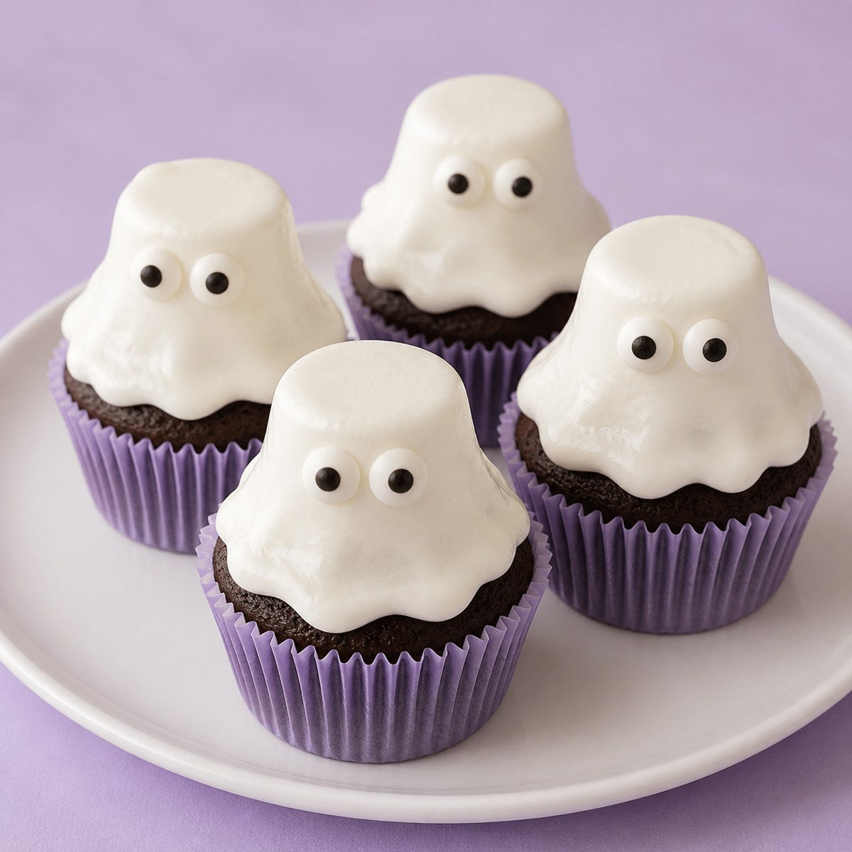 Halloween cupcakes with friendly ghosts and mini pumpkins