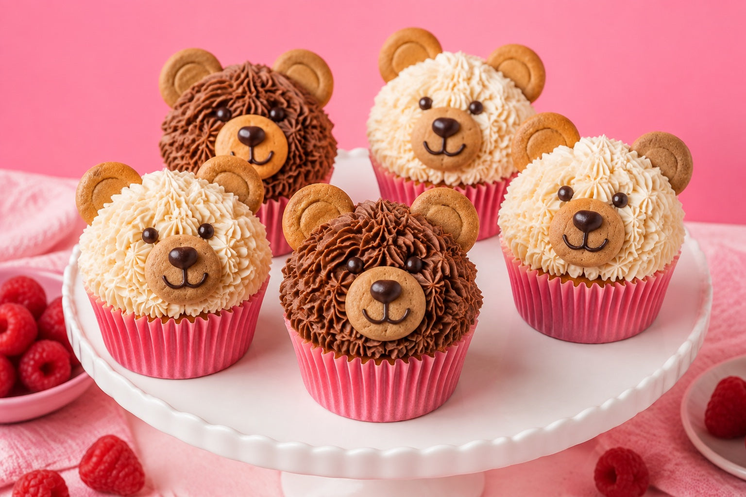 Teddy-bear cupcakes with chocolate and vanilla frosting and cookie ears